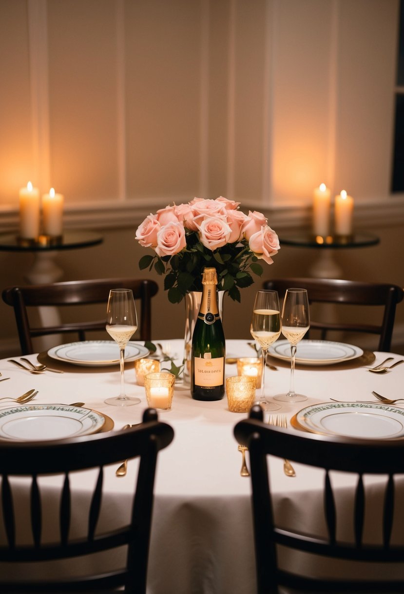 A dining table set with elegant dinnerware, a bouquet of roses, and a bottle of champagne on ice. Two chairs facing each other, bathed in warm candlelight