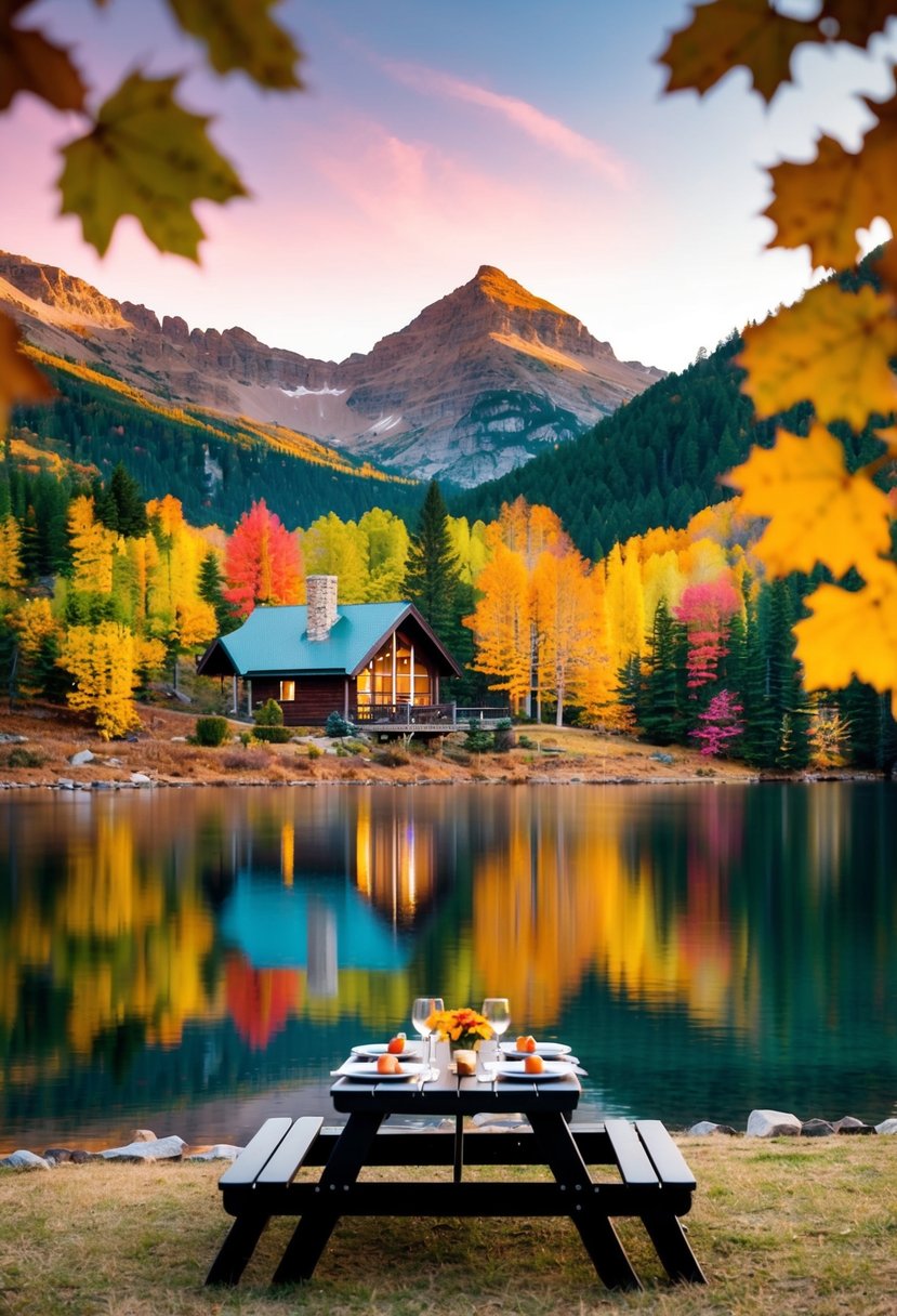 A cozy cabin nestled in the mountains, surrounded by colorful autumn foliage and a serene lake, with a picnic table set for a romantic anniversary dinner