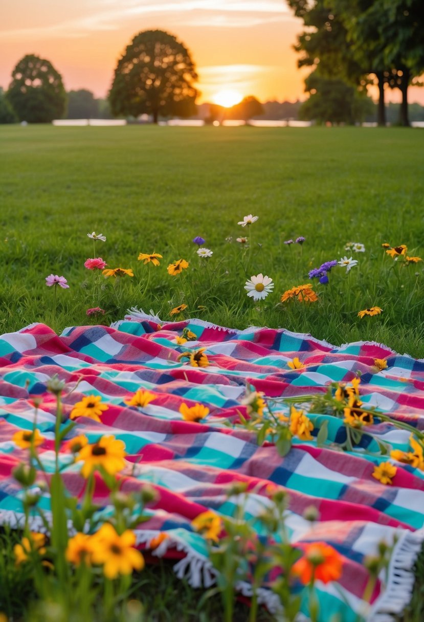 A picnic blanket spread out on the lush green grass, surrounded by a scattering of colorful flowers. The sun setting in the distance, casting a warm orange glow over the tranquil park