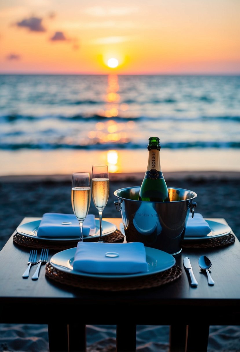 A candlelit dinner on a beach at sunset, with a table set for two and a bottle of champagne chilling in a bucket