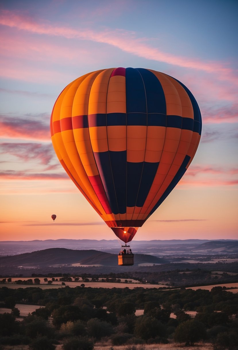 A colorful hot air balloon floats above a picturesque landscape at sunset