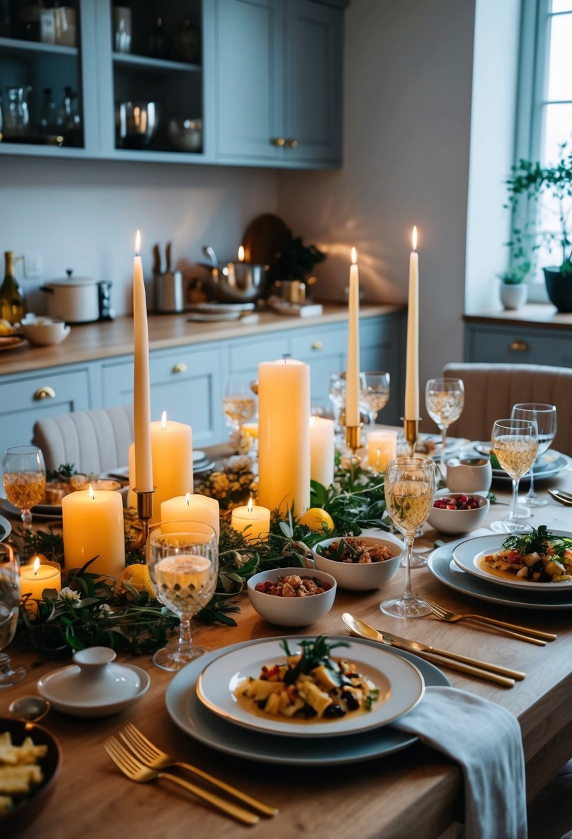 A beautifully set table with candles, fine china, and a spread of gourmet dishes, surrounded by elegant kitchenware and ingredients