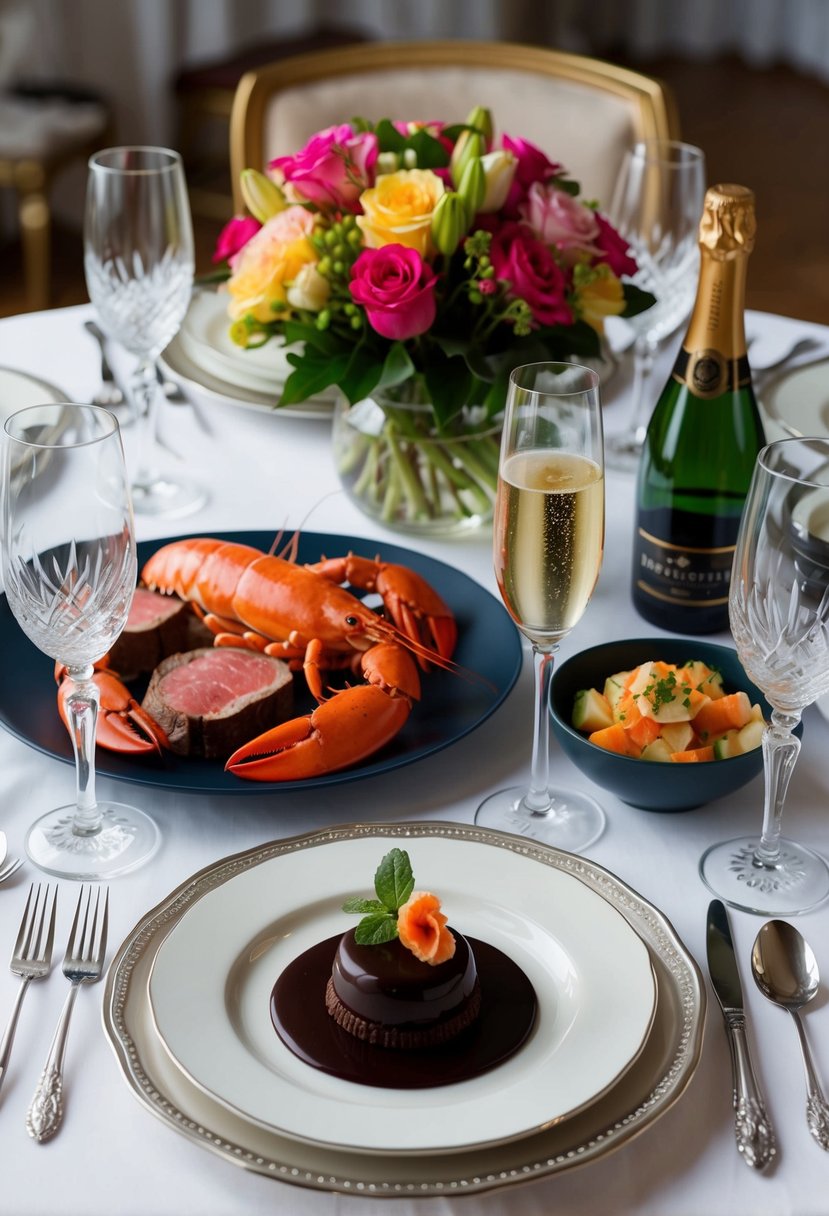 A table set with fine china, crystal glasses, and a bouquet of flowers. A meal of steak and lobster, accompanied by champagne and a decadent chocolate dessert