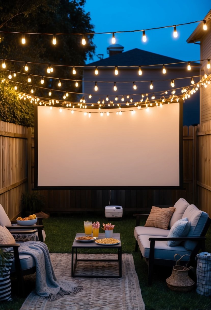 A backyard adorned with string lights and blankets, a projector screen, and a table with snacks and drinks for a cozy movie night