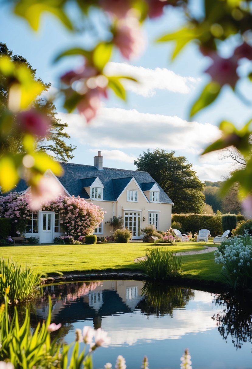 A cozy bed and breakfast nestled in the countryside, surrounded by blooming flowers and a serene pond