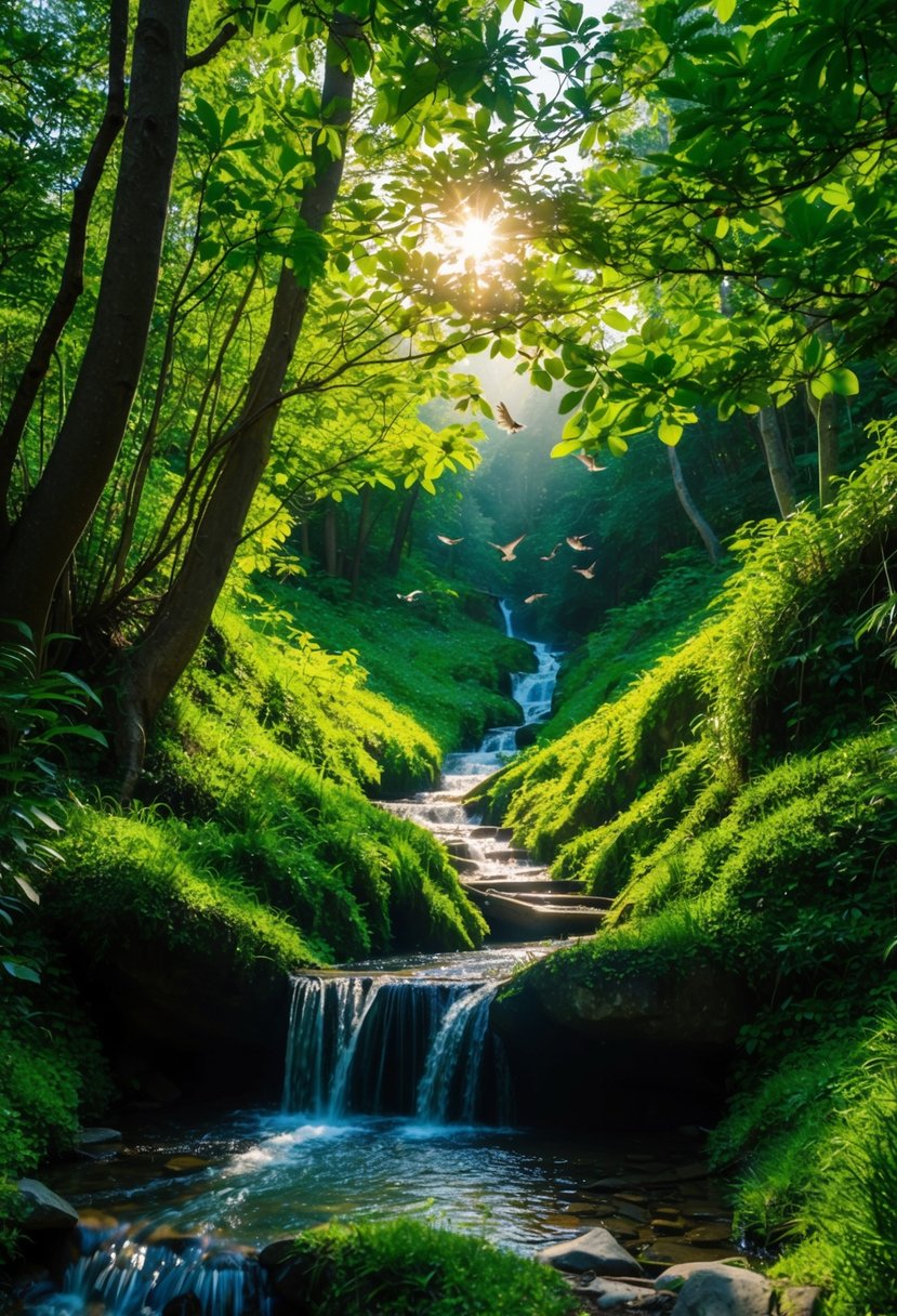 A winding trail through lush forest, sunlight filtering through the leaves. A small waterfall cascades into a crystal-clear stream. Birds sing in the distance