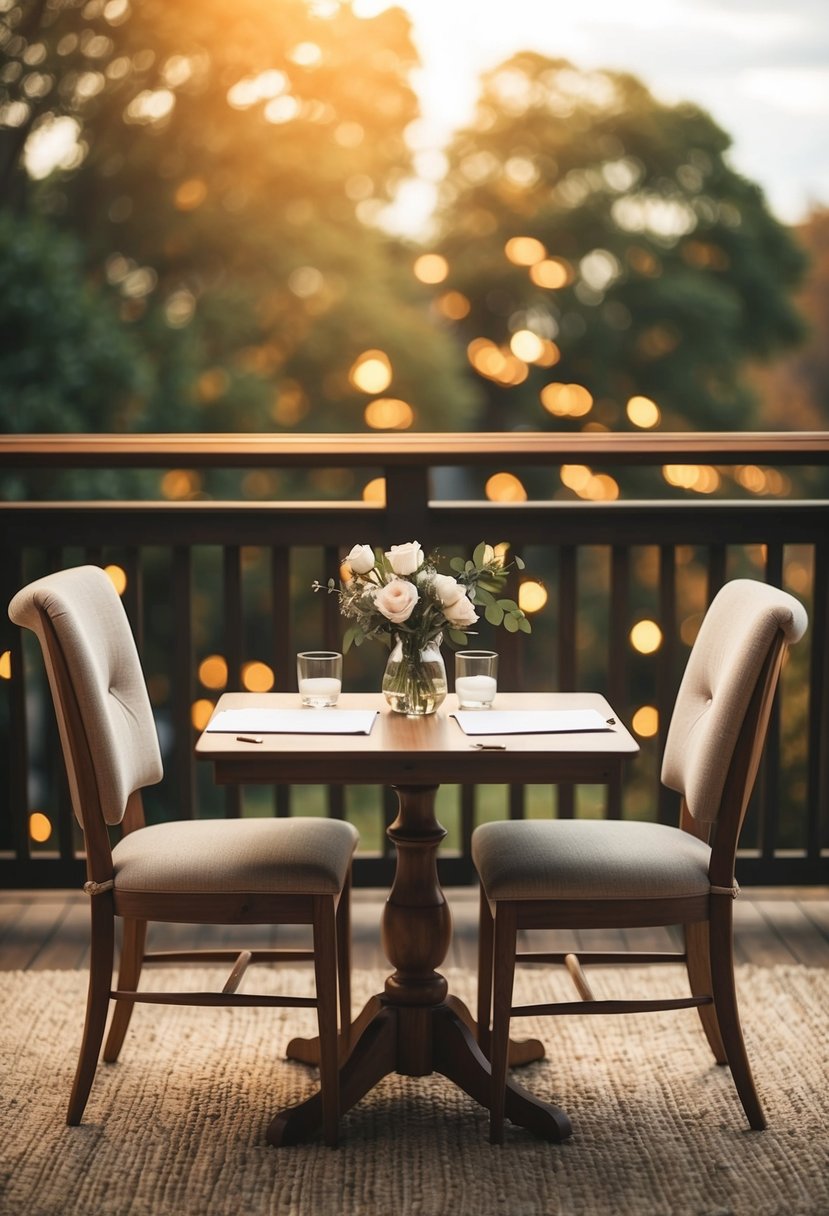 A cozy table set with love letters, two chairs facing each other, and a warm, intimate atmosphere