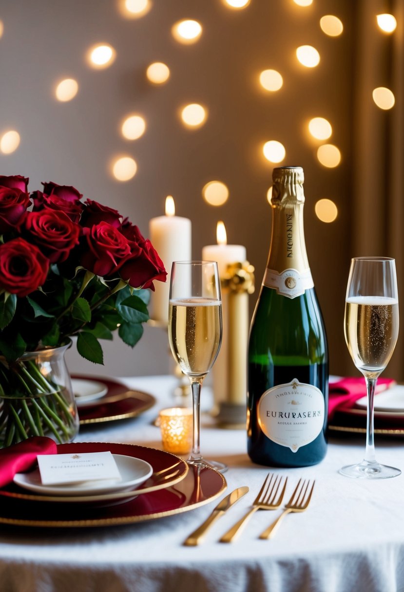 A cozy table set for two with a bouquet of red roses, candles, and a bottle of champagne