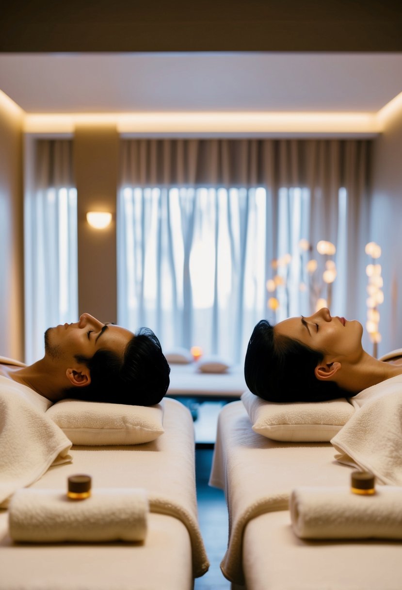 A serene spa room with two massage tables, soft lighting, and calming music. Aromatherapy scents fill the air as a couple relaxes side by side