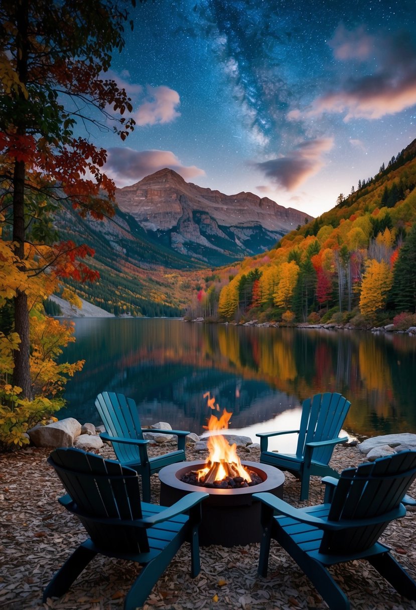 A cozy cabin nestled in the mountains, surrounded by colorful fall foliage and a serene lake, with a crackling fire pit and a table set for a romantic dinner under the stars