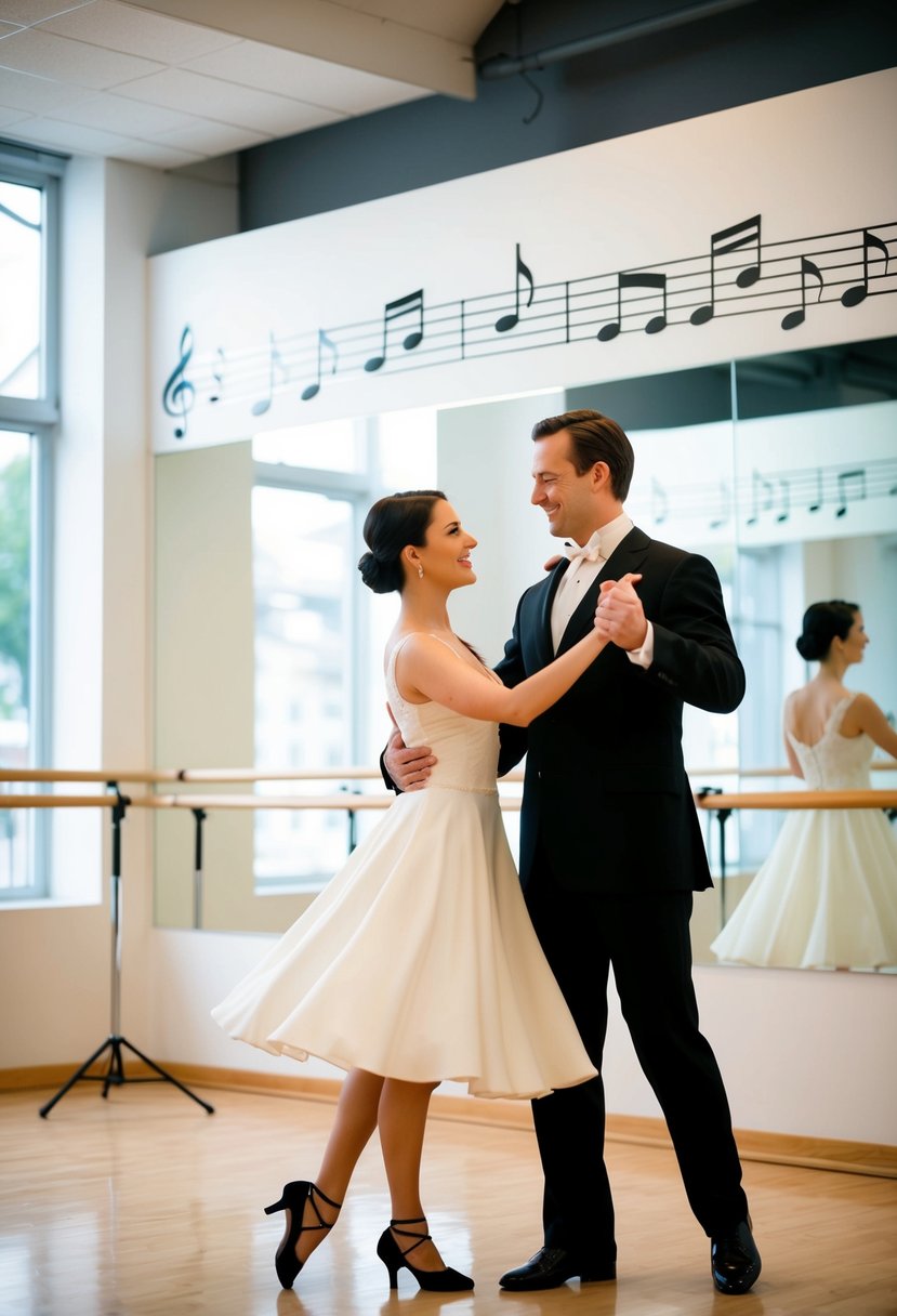 A couple gracefully waltzing in a brightly lit dance studio, surrounded by mirrors and music notes