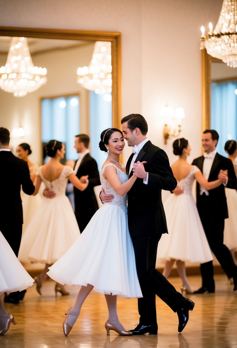 A couple gracefully waltzing in a ballroom, surrounded by other dancers and a mirrored wall reflecting their elegant movements