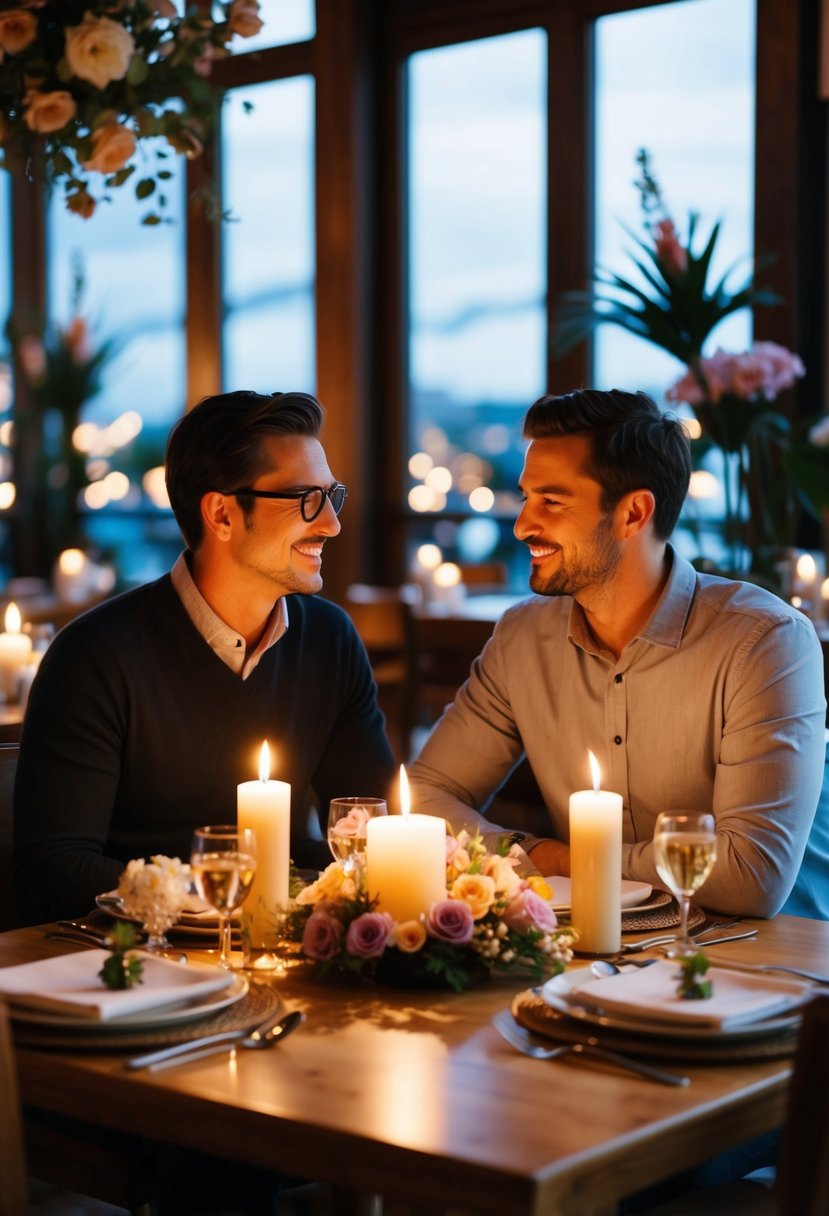 A couple sitting at a candlelit table in a cozy restaurant, surrounded by flowers and soft music