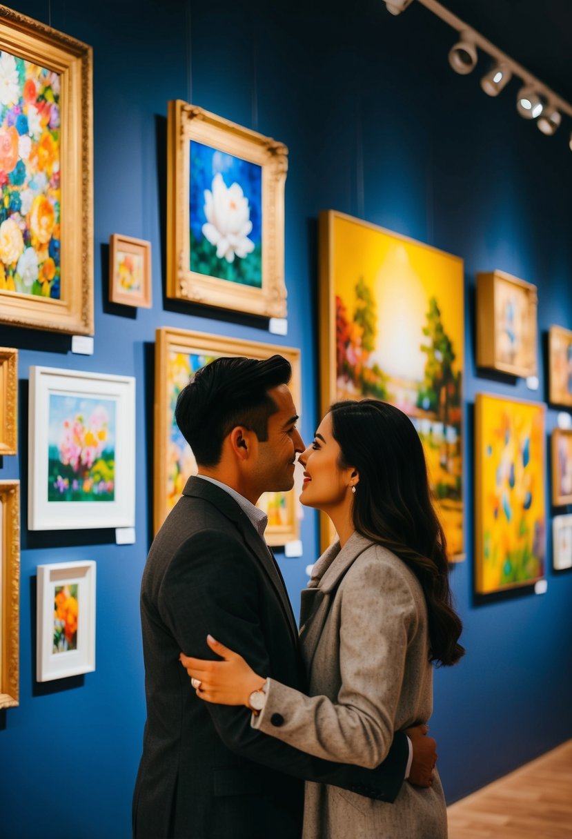 A couple admires a painting in a dimly lit art gallery filled with vibrant and diverse works of art