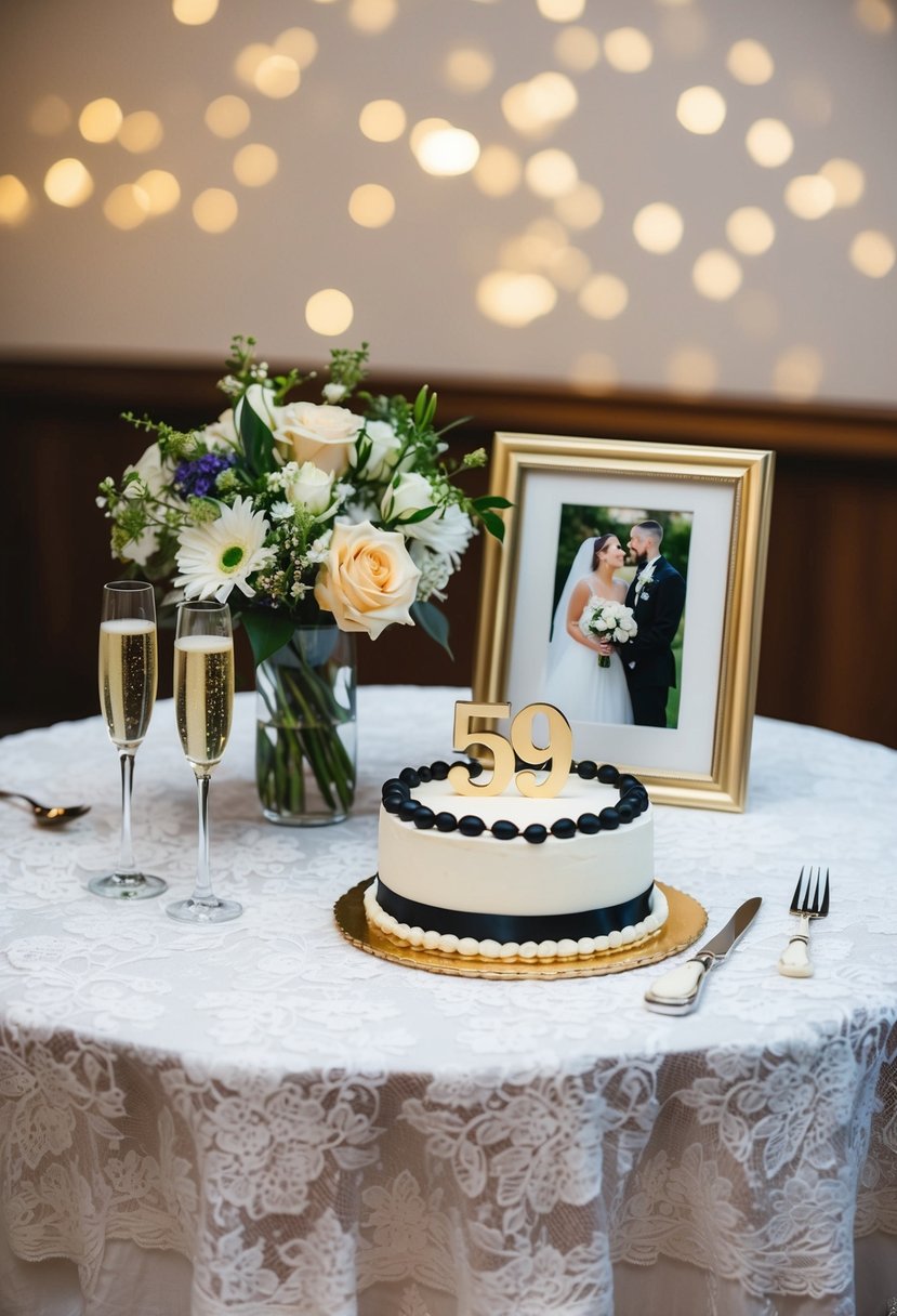 A table set with a lace tablecloth, champagne flutes, and a bouquet of flowers. A framed wedding photo and a cake with "59" topper