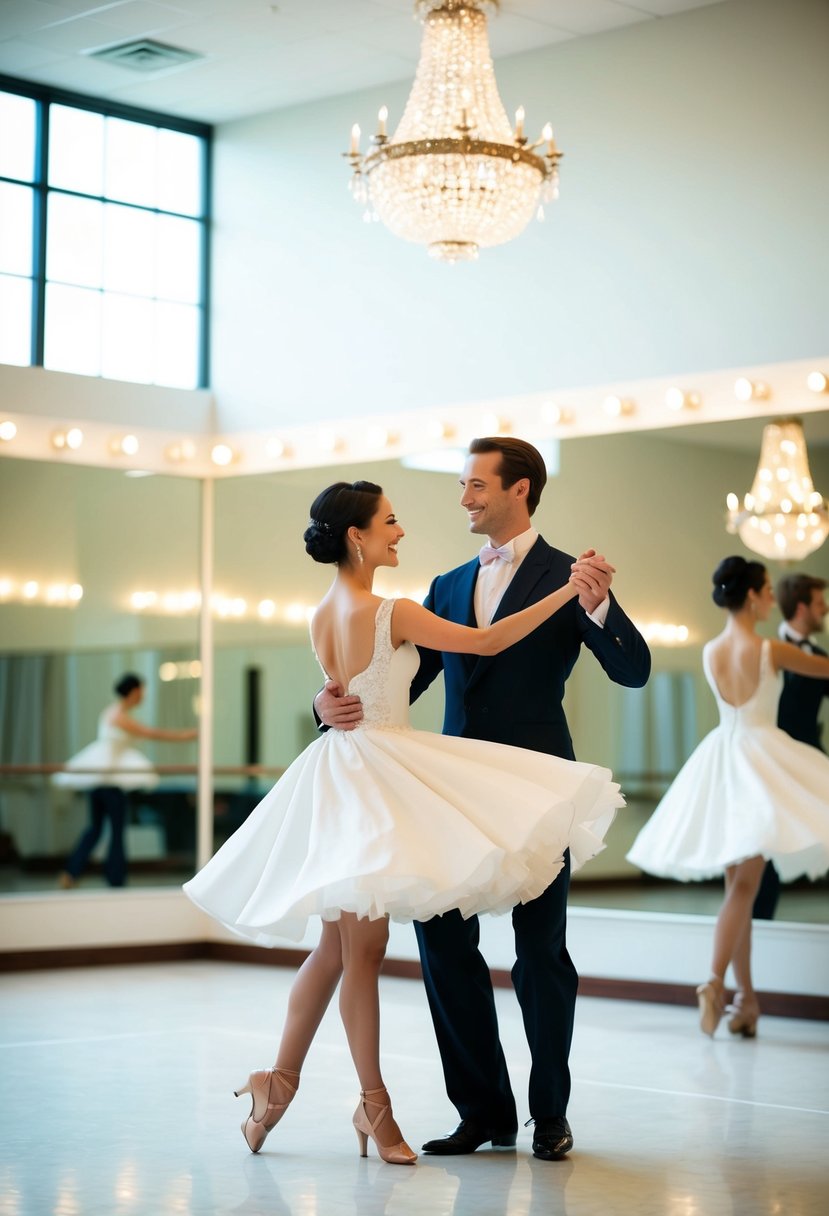 A couple gracefully waltzing in a brightly lit dance studio, surrounded by mirrors and elegant decor