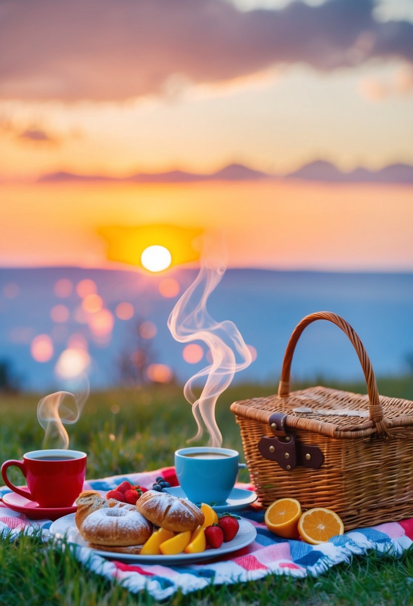 A cozy picnic blanket spread with a basket of pastries, fruit, and steaming coffee, set against a backdrop of a colorful sunrise