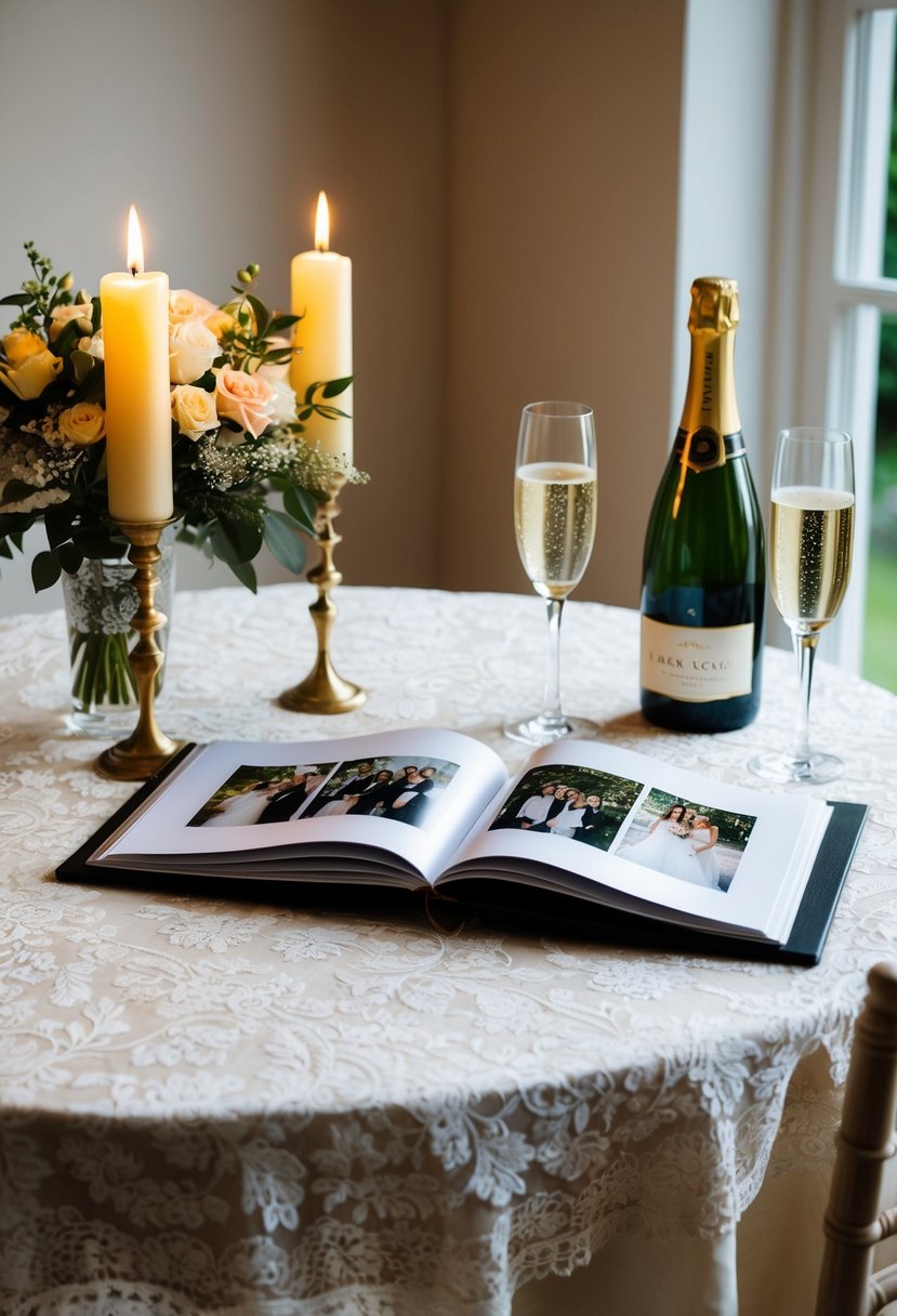 A table set with a lace tablecloth, lit candles, and a vase of flowers. A photo album open to a page showing wedding pictures. A champagne bottle and two glasses