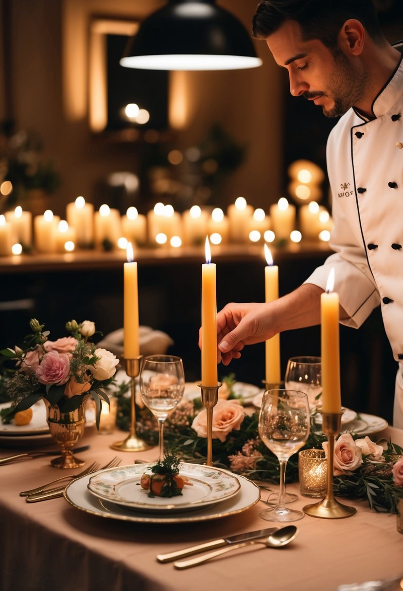 A candlelit table set with fine china and flowers, as a chef prepares a gourmet meal in a cozy, intimate setting