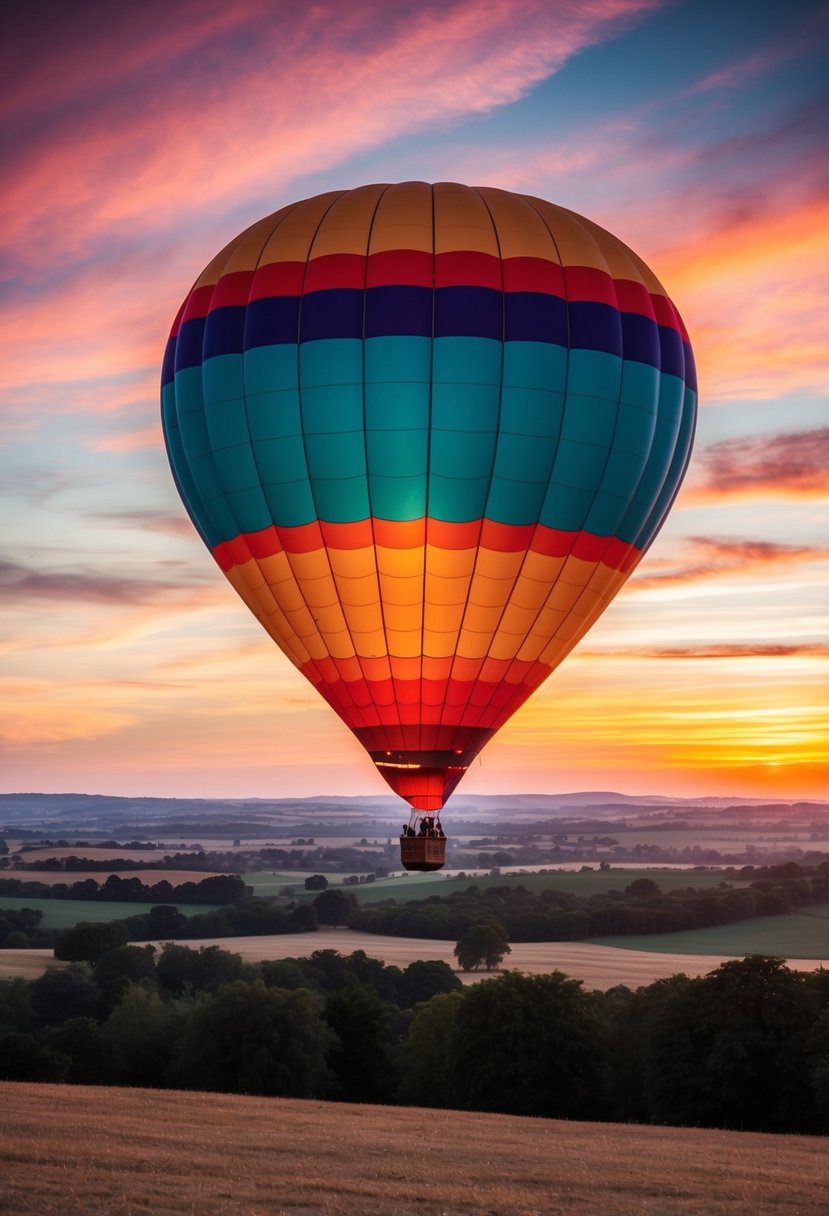 A colorful hot air balloon floats over a picturesque landscape at sunset