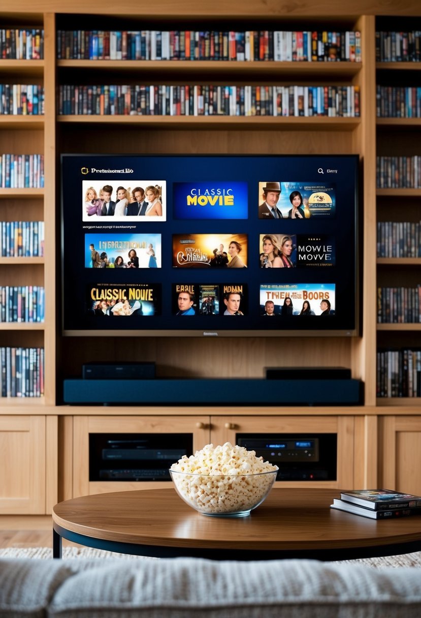 A cozy living room with a big screen TV, surrounded by shelves of classic movie DVDs and a bowl of popcorn on the coffee table