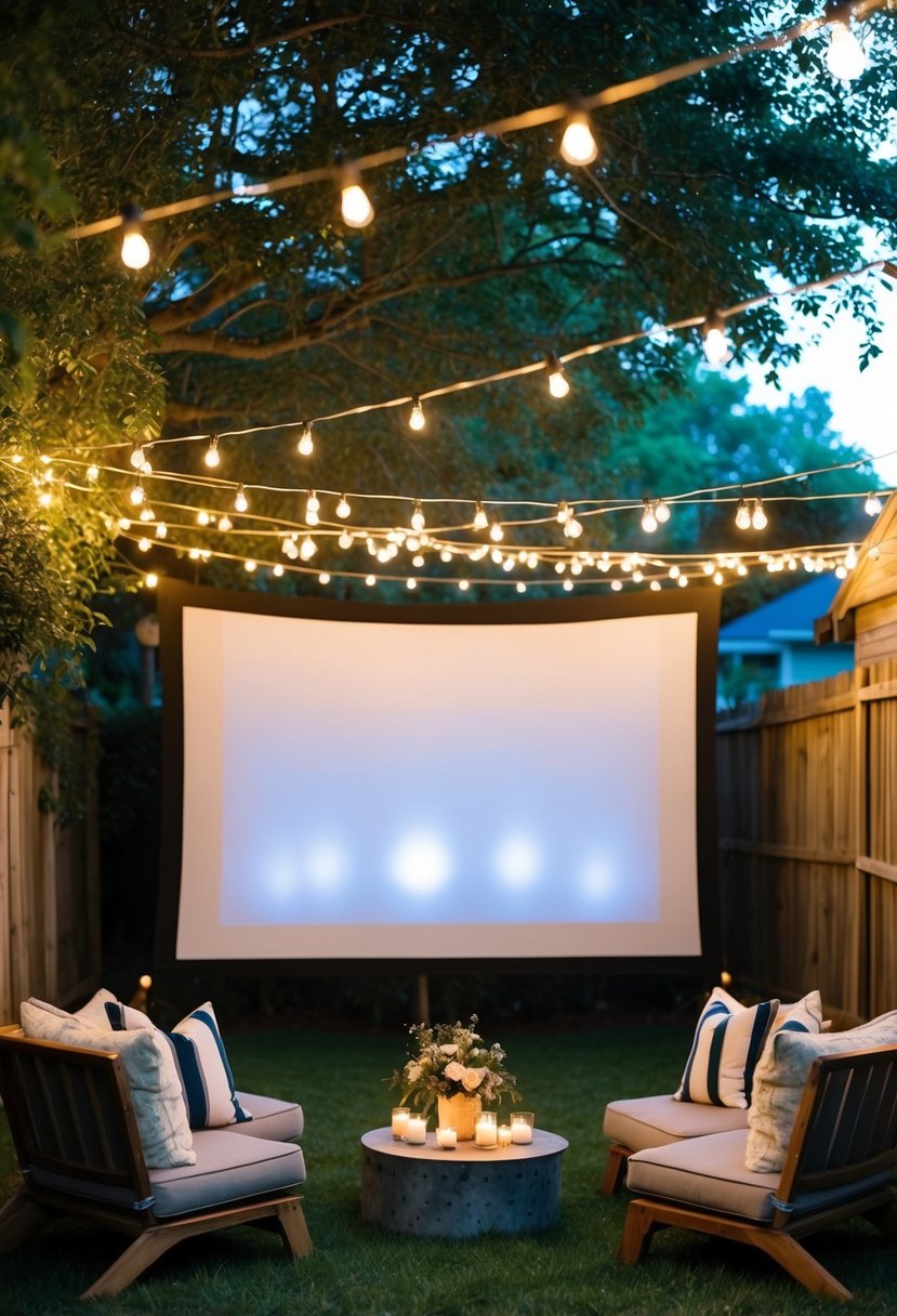 A backyard movie screen is set up with string lights and cozy seating for a romantic 41st wedding anniversary celebration