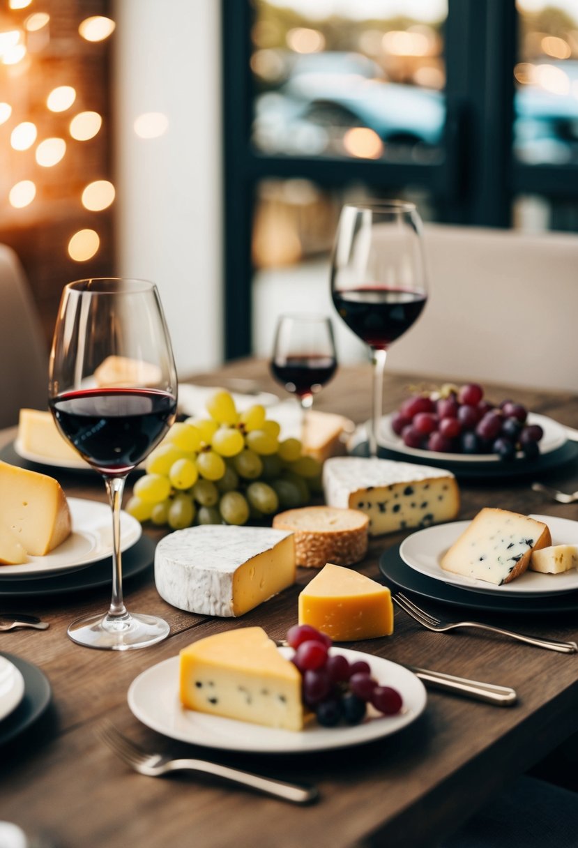 A table set with various cheeses, grapes, and glasses of wine