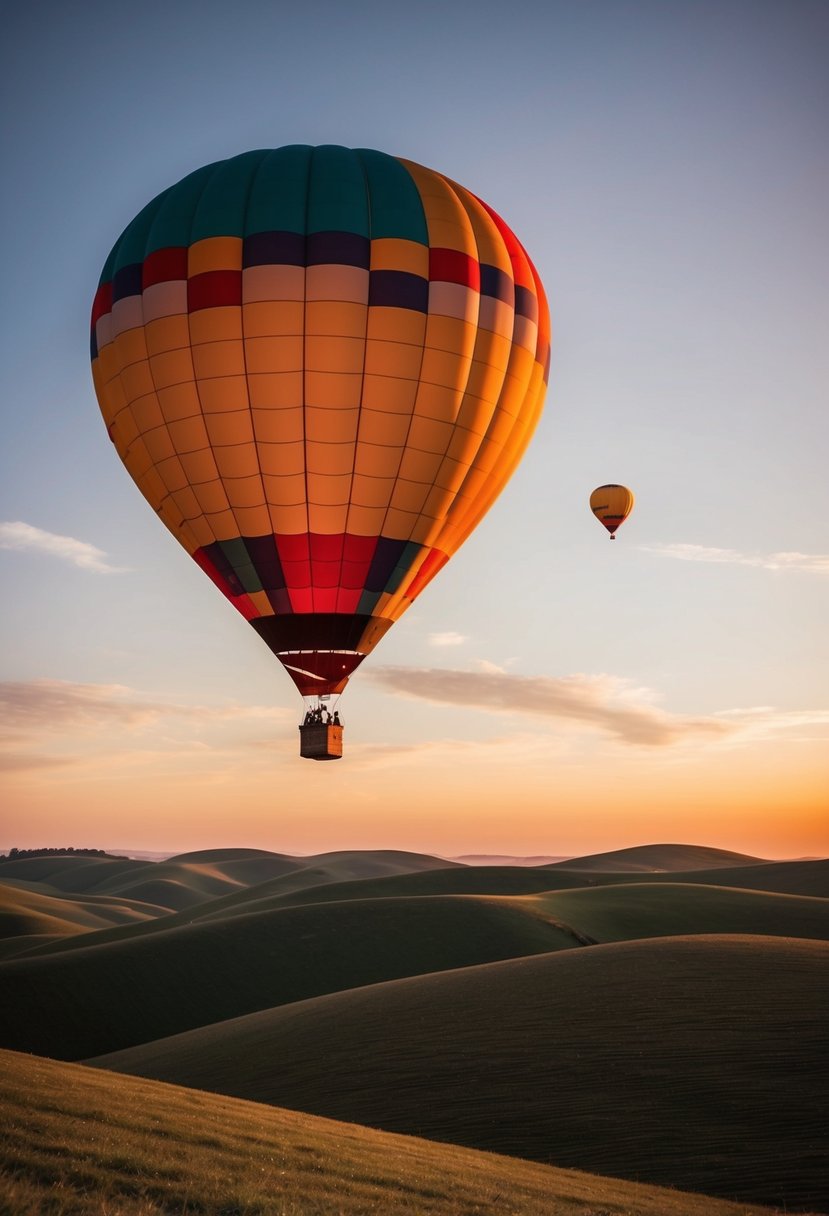 A colorful hot air balloon floats above rolling hills at sunset