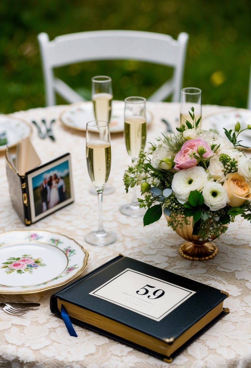 A table set with a lace tablecloth, vintage china, and a bouquet of flowers. A photo album, champagne glasses, and a cake with "59" topper complete the scene