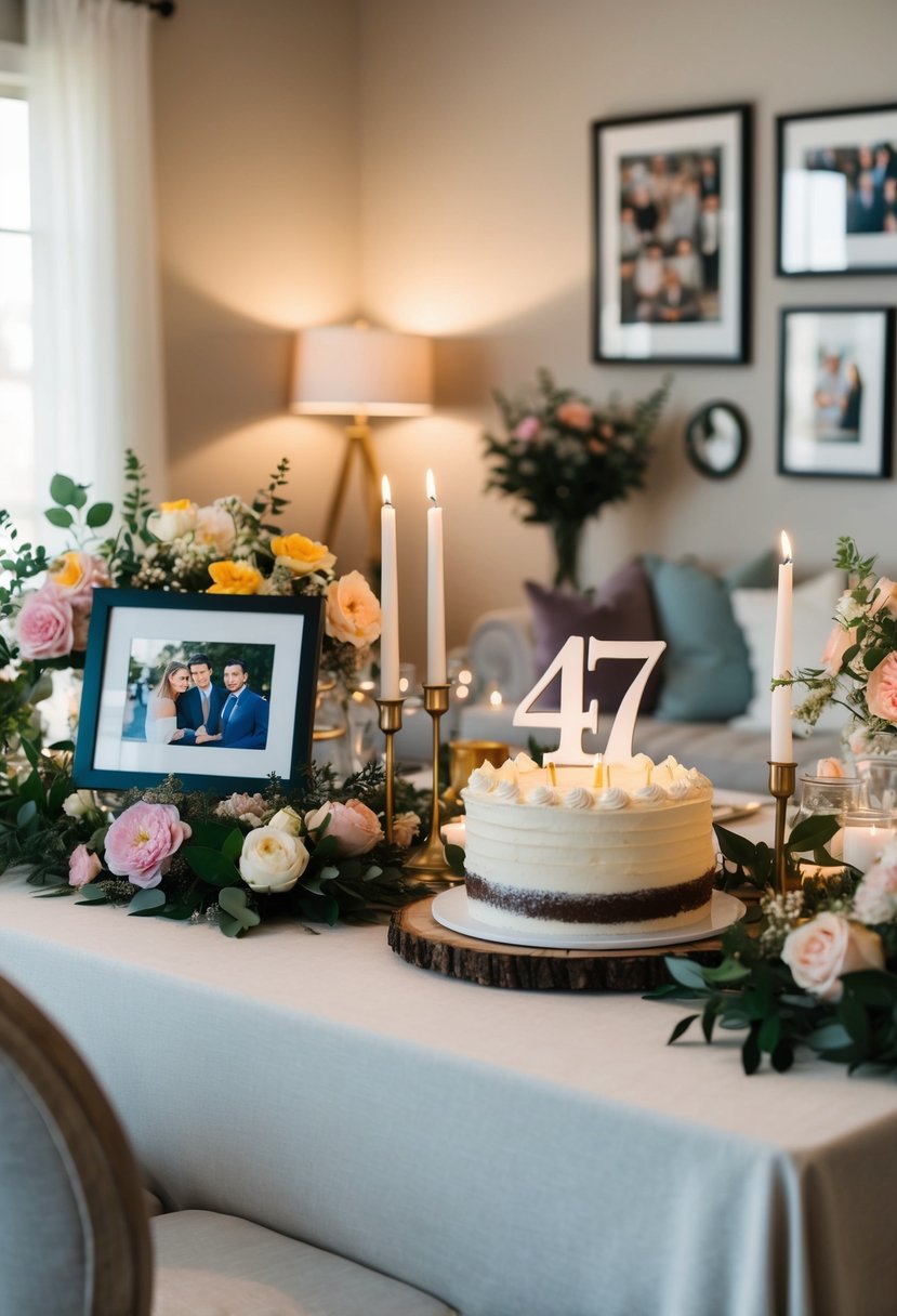 A table adorned with flowers, candles, and framed photos. A cake with "47" topper. A cozy living room with soft lighting and celebratory decor