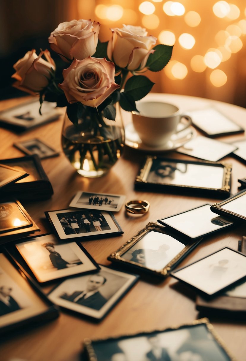 A table scattered with old photographs, a pair of wedding rings, and a vase of roses, all bathed in warm, golden light