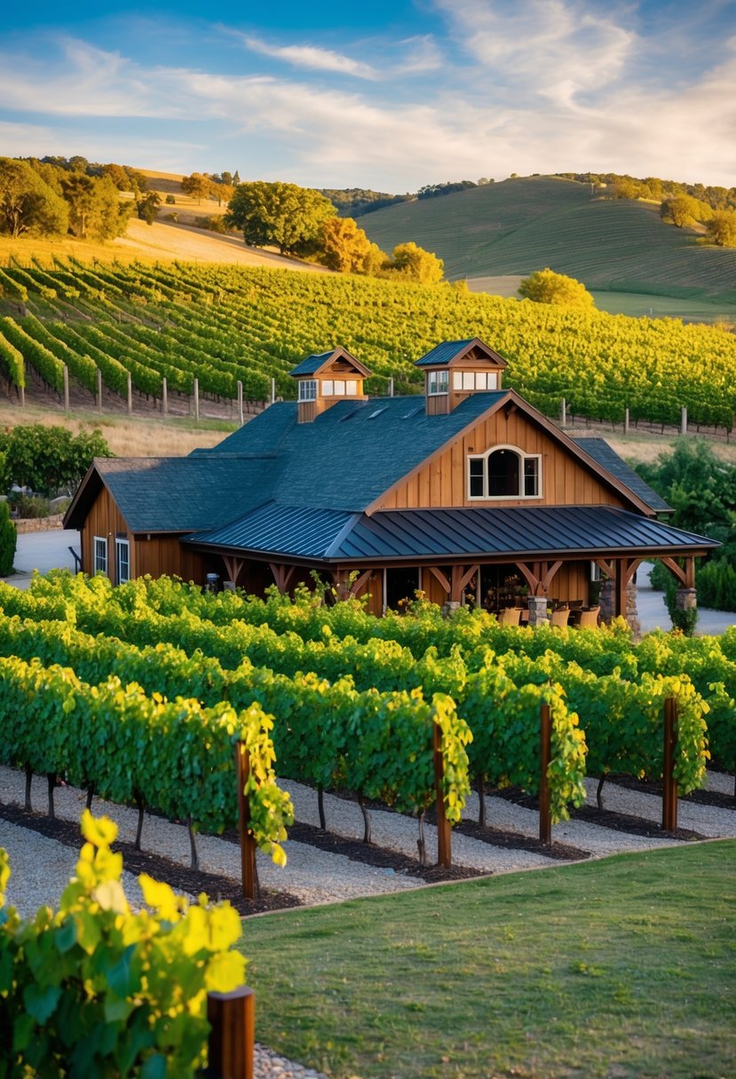 A picturesque winery with rows of grapevines, a rustic tasting room, and a vine-covered patio overlooking rolling hills