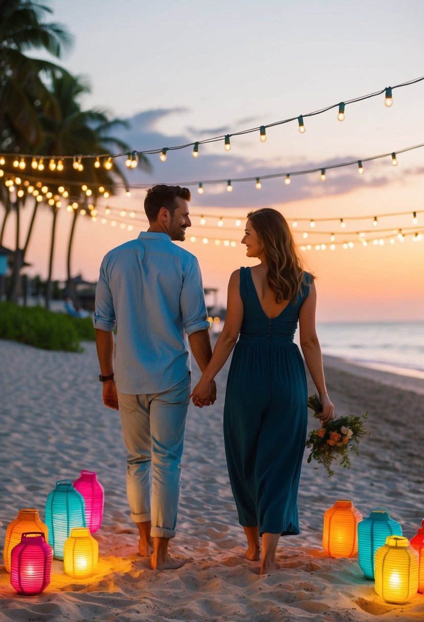 A couple stands hand in hand on a sandy beach at sunset, surrounded by twinkling string lights and colorful lanterns