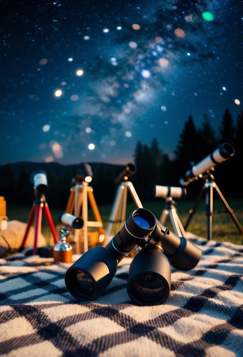 A cozy scene with blankets spread on the ground, surrounded by a variety of telescopes and binoculars pointed at the starry night sky