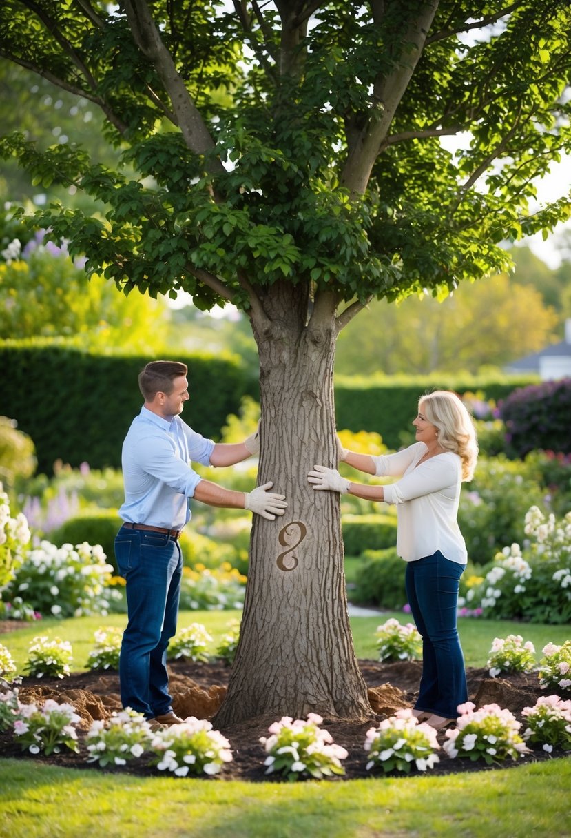 A mature tree being planted in a lush garden, surrounded by blooming flowers and a couple's initials carved into the trunk