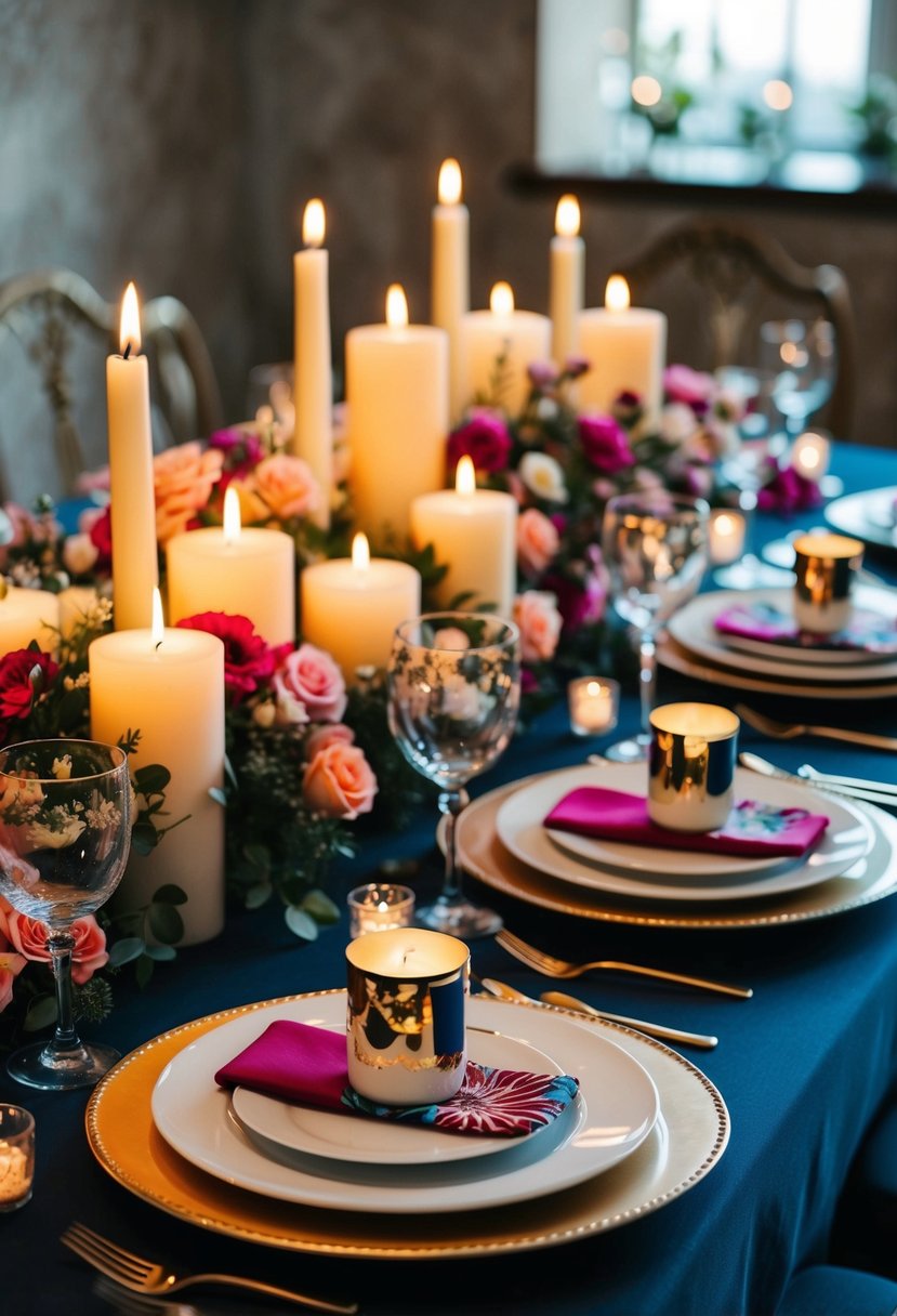 A beautifully set table with candles, flowers, and themed decorations