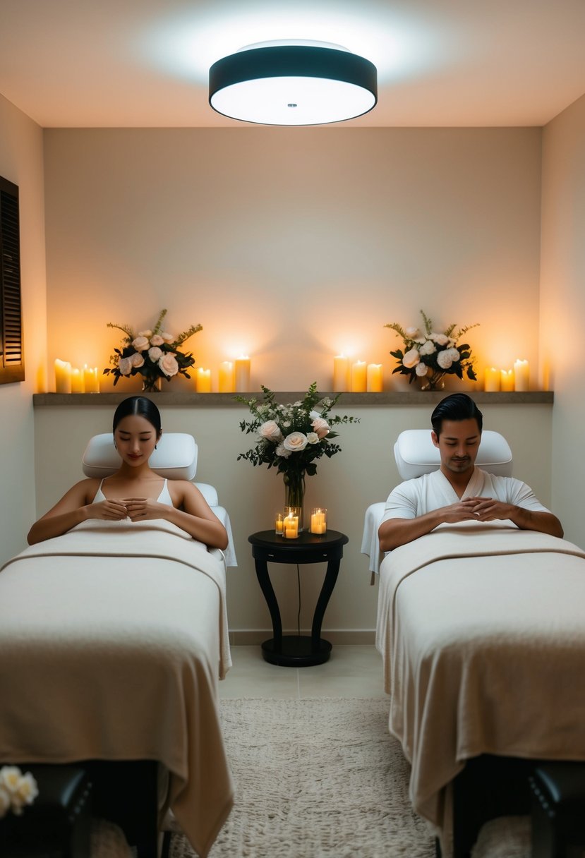 A serene spa room with two massage tables, soft lighting, and relaxing music. A couple enjoys side-by-side massages surrounded by candles and flowers