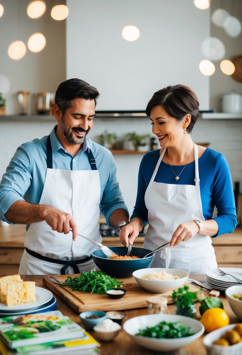 A couple prepares a meal together, surrounded by recipe books and ingredients, celebrating their 47th wedding anniversary