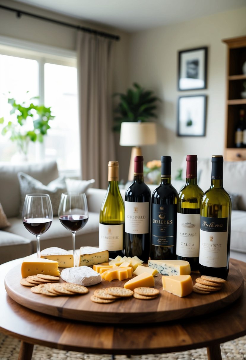 A cozy living room with a spread of assorted cheeses, crackers, and a variety of wine bottles displayed on a wooden table