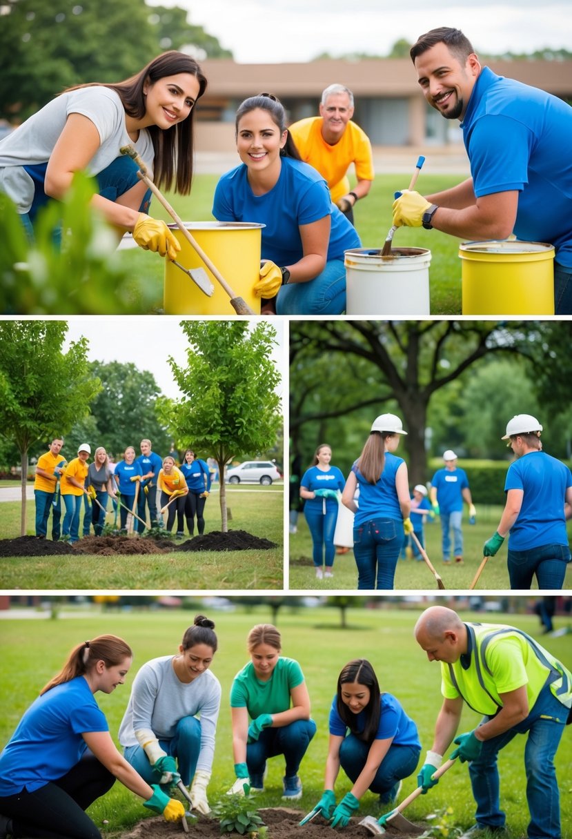 A group of people painting a community center, planting trees, and cleaning up a park together