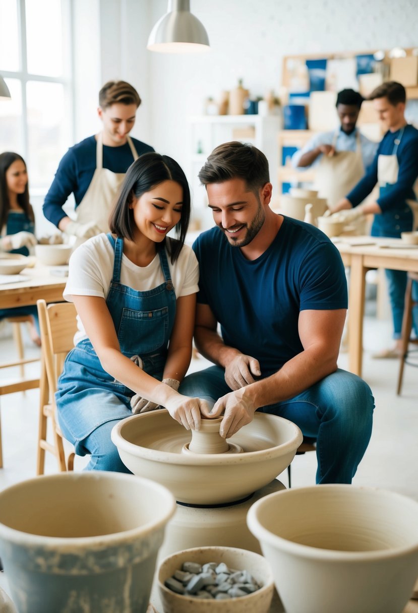 A couple sitting at a pottery wheel, shaping clay together, surrounded by art supplies and other students in a bright, spacious studio