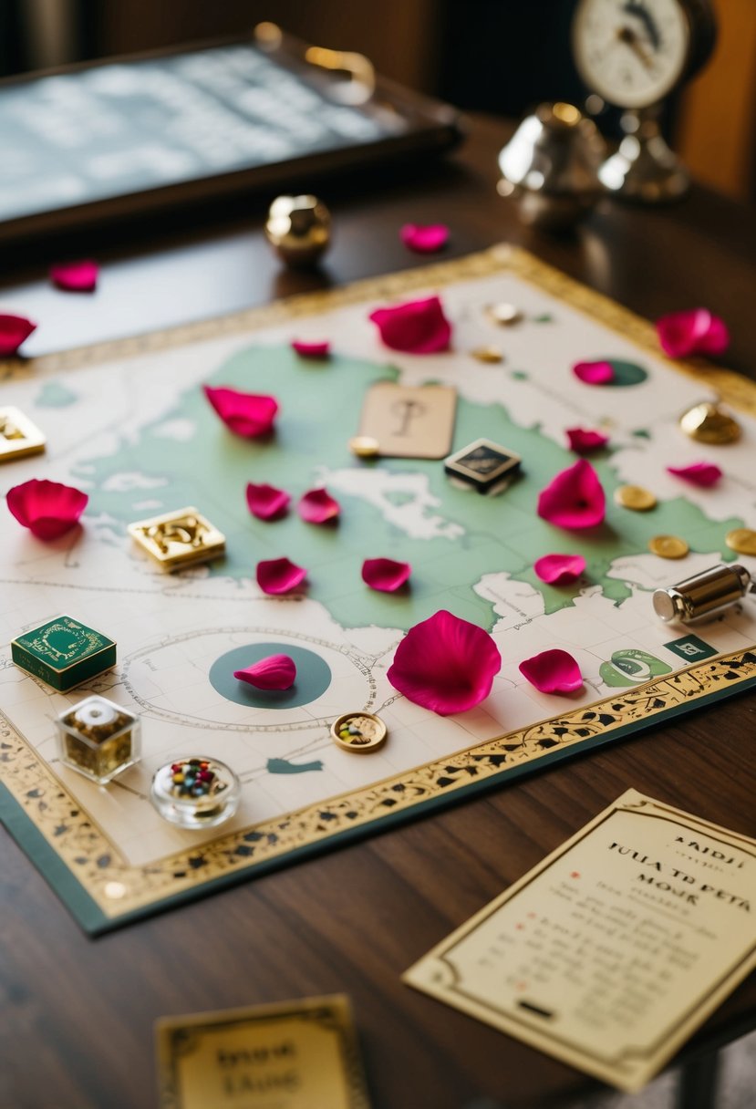 A table with scattered clues, a map, and small trinkets. A trail of rose petals leads to the next clue