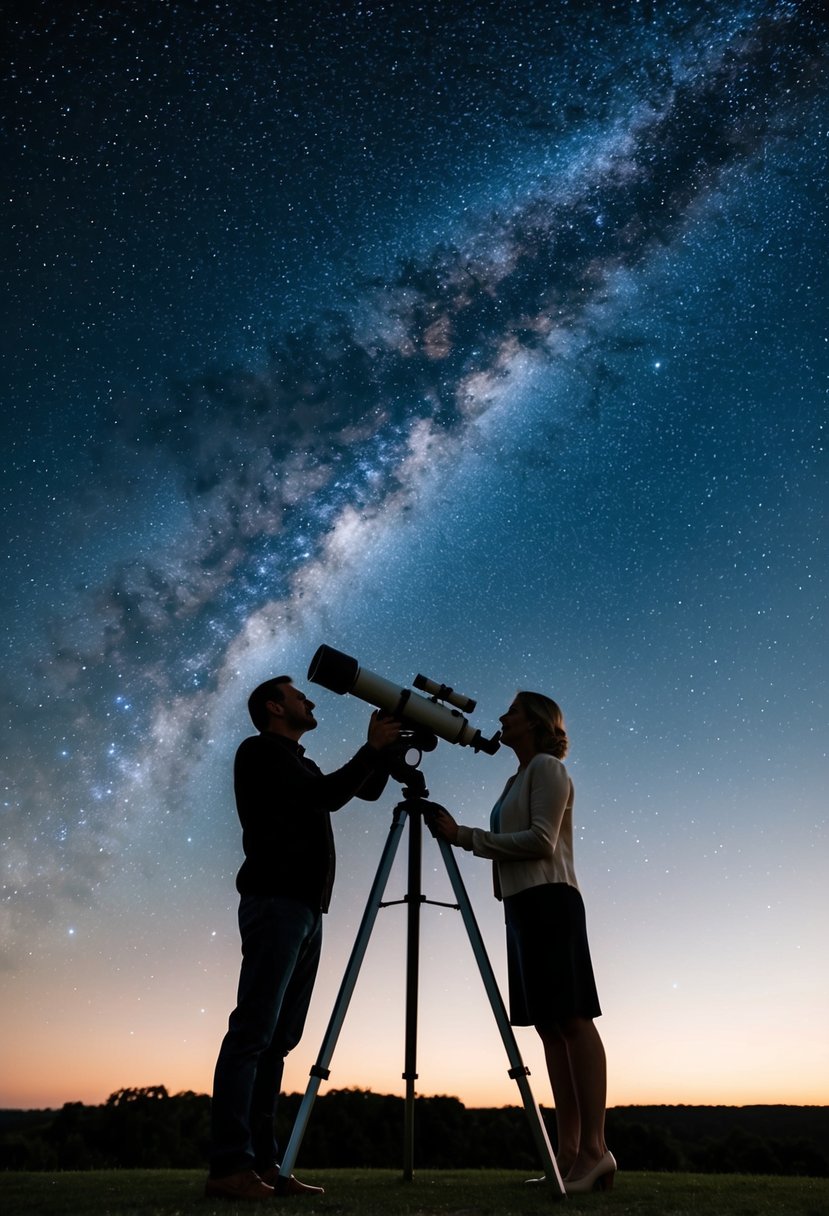 A couple sets up a telescope under a starry sky, celebrating their 41st wedding anniversary with a romantic evening of stargazing