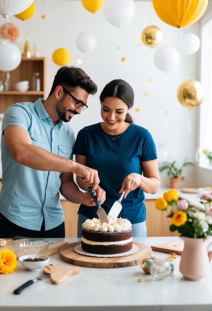 A couple baking a cake together, surrounded by anniversary decorations and enjoying each other's company