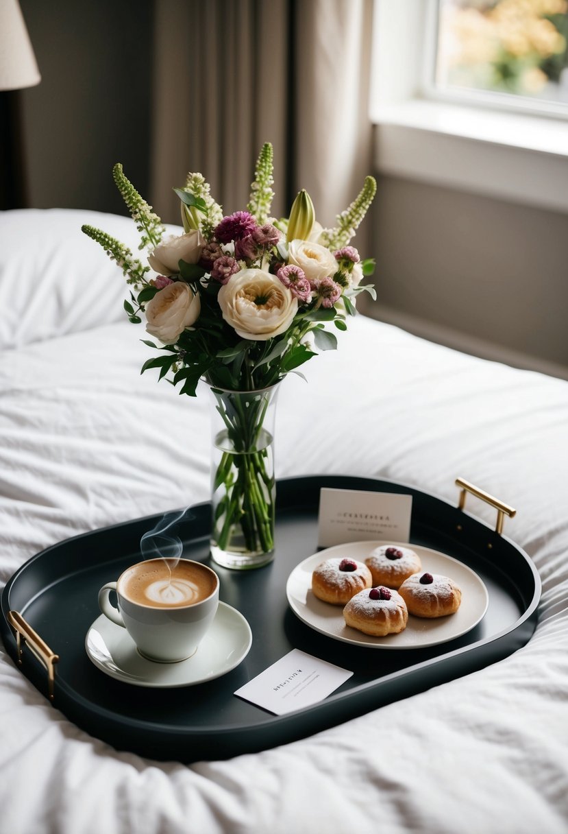 A tray with a vase of fresh flowers, a steaming cup of coffee, a plate of pastries, and a small card on a neatly made bed