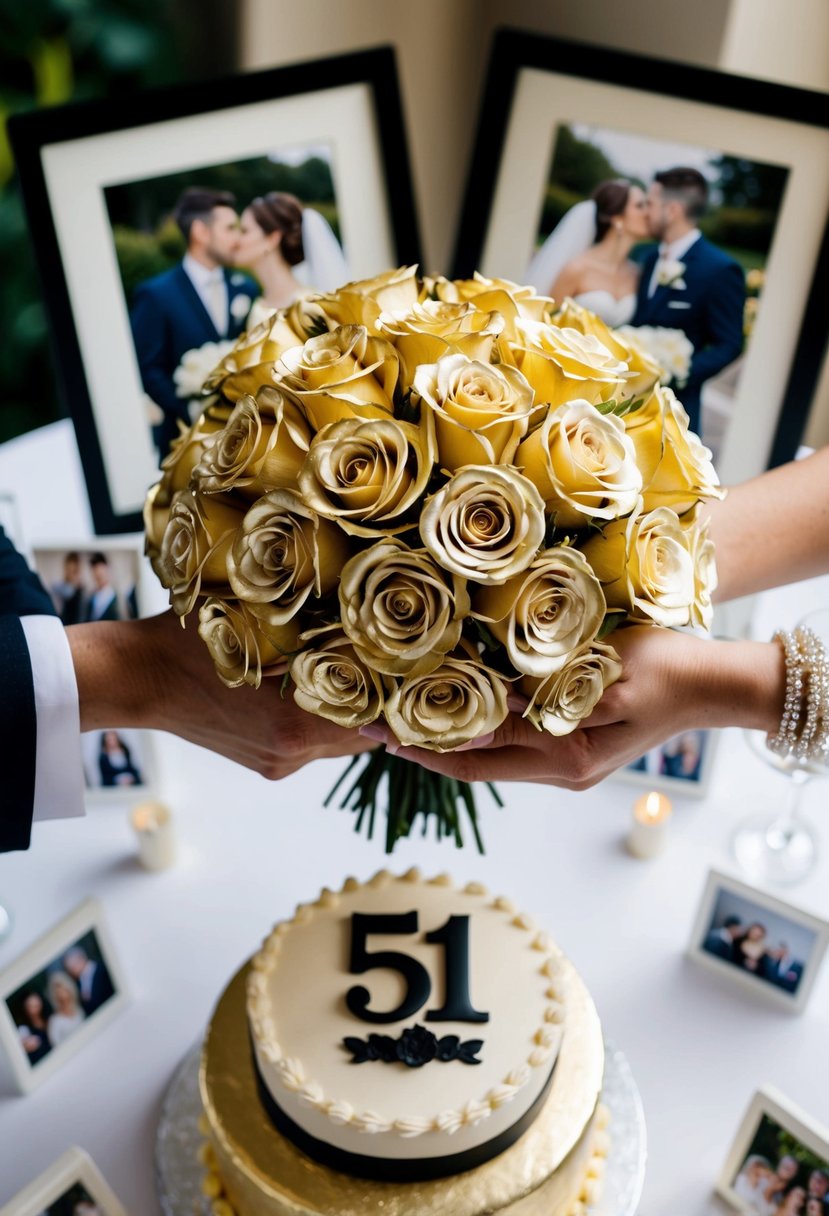 A couple's hands holding a bouquet of golden roses, surrounded by framed wedding photos and a cake with "51" toppers