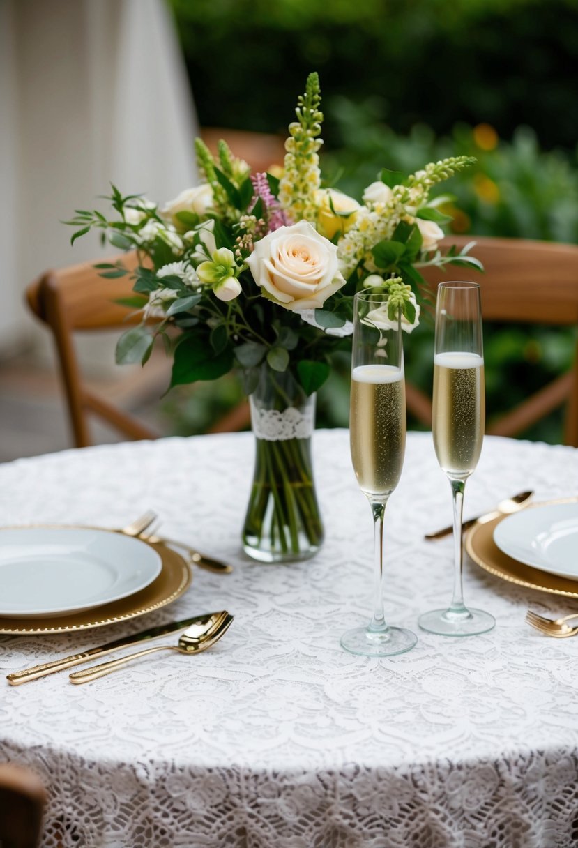 A table set with a lace tablecloth, adorned with a bouquet of fresh flowers, and two champagne glasses