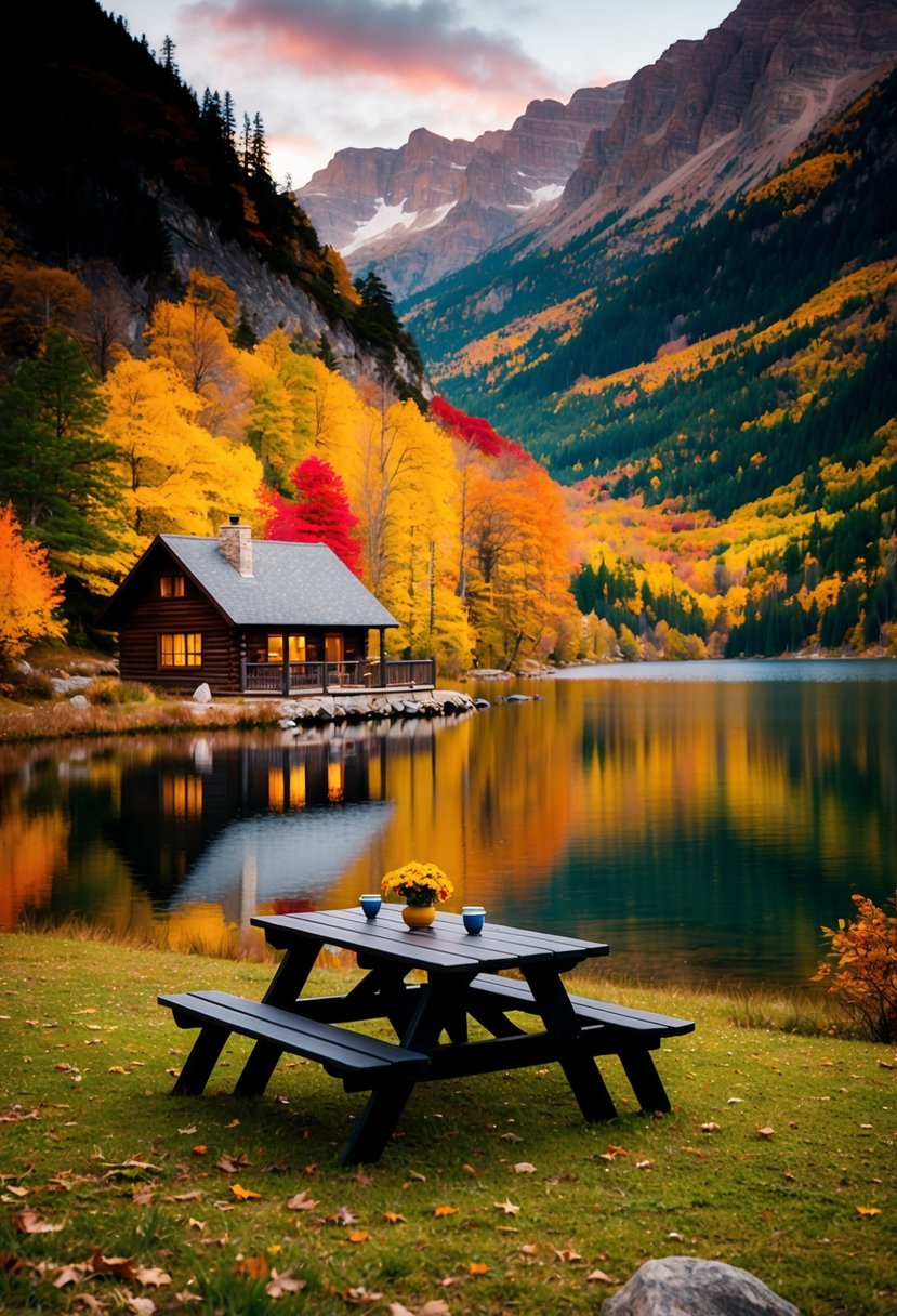 A cozy cabin nestled in the mountains, surrounded by colorful autumn foliage and a serene lake, with a picnic table set for two