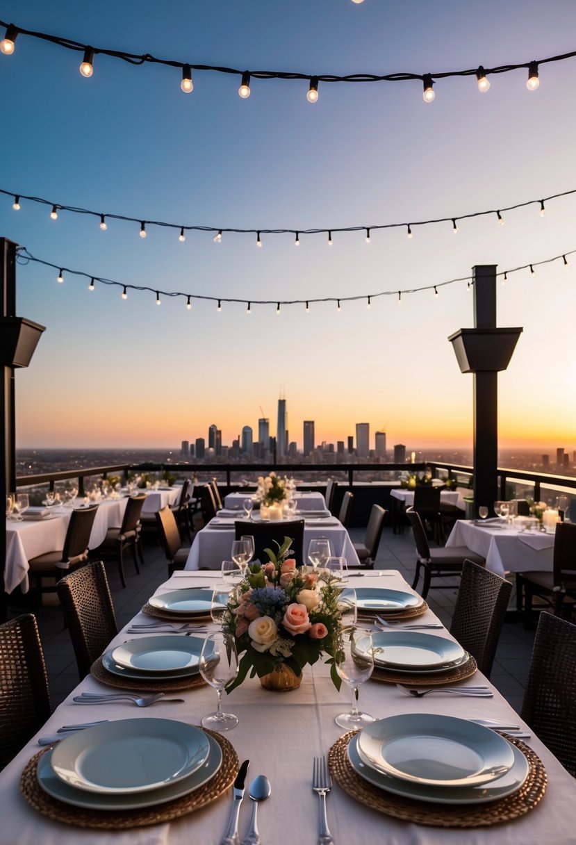 A rooftop restaurant at sunset, adorned with twinkling lights and overlooking a city skyline. Tables set with elegant dinnerware and a bouquet of flowers as a centerpiece