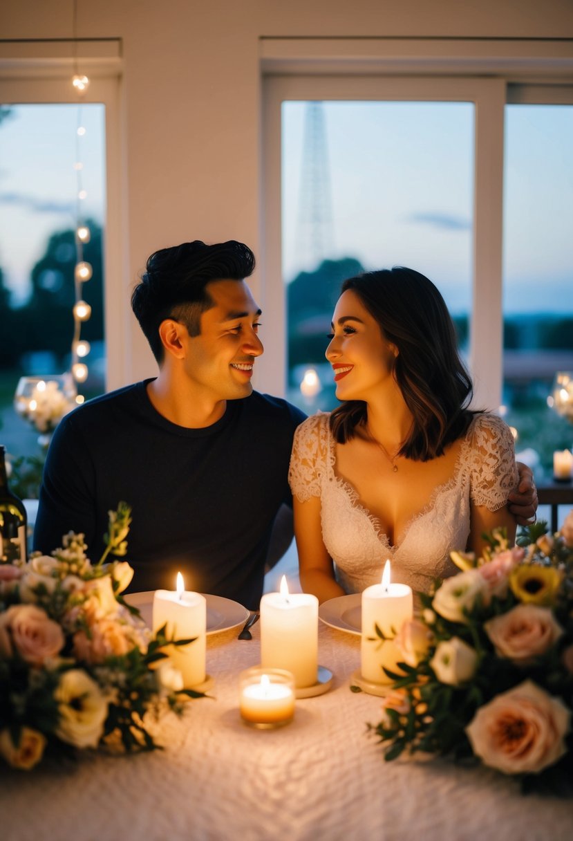 A couple sitting at a candlelit table, surrounded by flowers and soft music, reminiscing about their first date